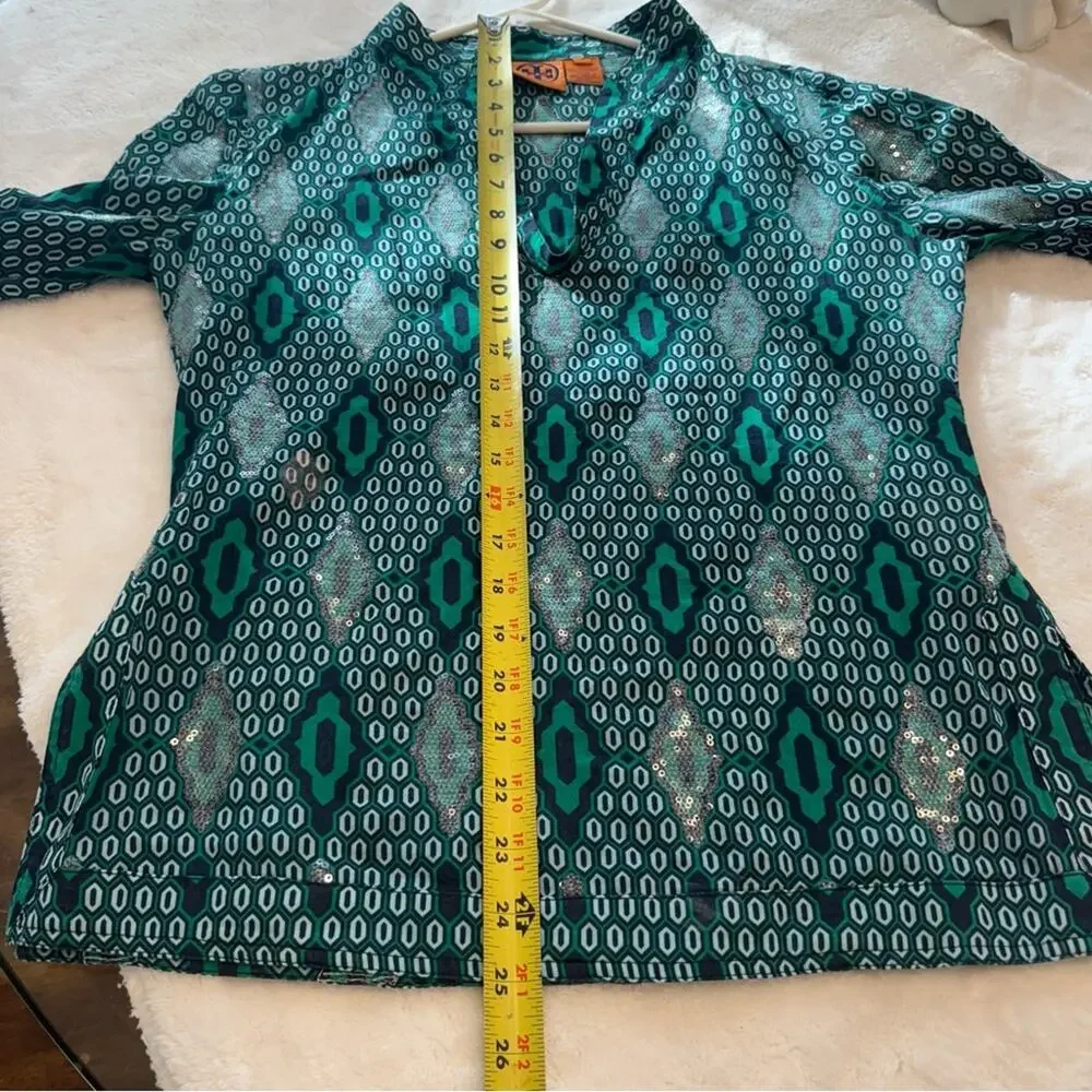Tory Burch Women's Geometric Sequin 3/4 Sleeve‎ V Neck Tunic Sz 4 Green, Sparkle